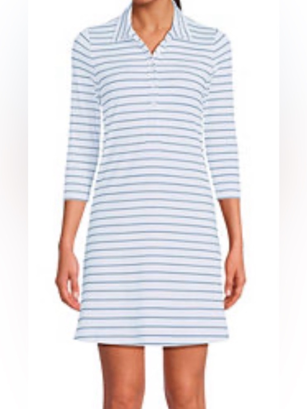 Lands' End Women's Active 3/4
Sleeve Polo Dress Striped Polo White  Light Blue